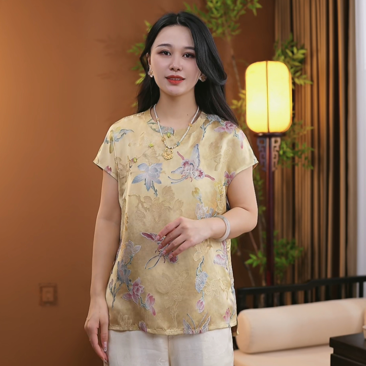 2025夏季新中式桑蚕丝短袖新款时尚显瘦百搭中国风上衣女S158