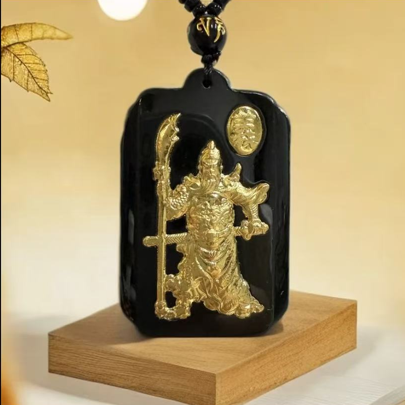 【主播甄选】黄金足金镶嵌和田墨玉关公吊坠A