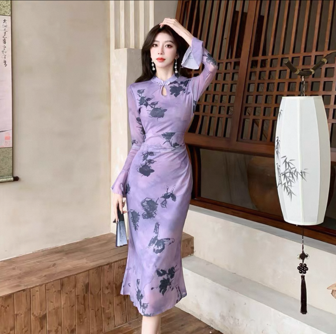 春夏新中式国风旗袍收腰连衣裙2025春装新款春季紫色长裙裙子女装