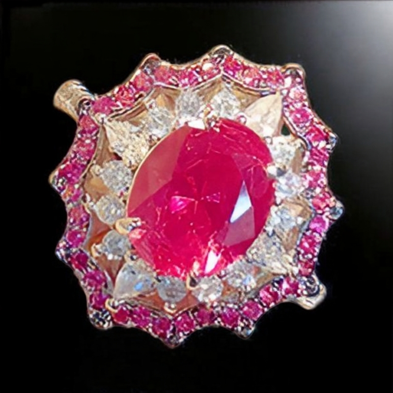 合金戒指 时尚气质打灯变色高碳钻戒指红色轻奢项链吊坠红套装