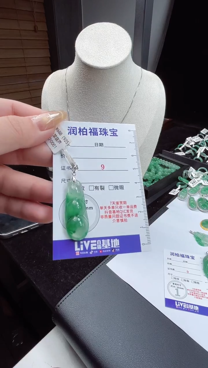 吊坠(赠链)银S925镶嵌石英质玉（非洲翠）24.192豆子