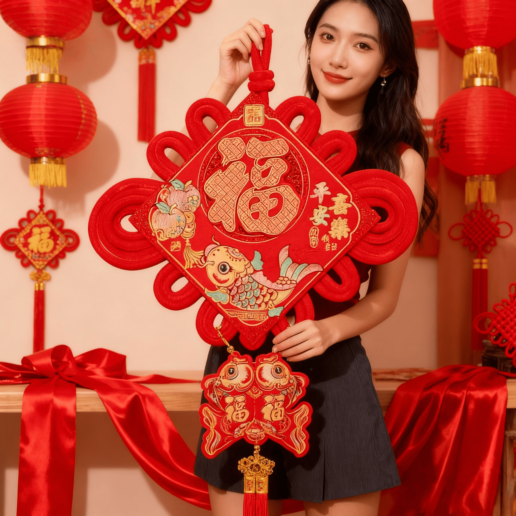 中国结挂件平安喜乐红色福字客厅入户门喜庆装饰乔迁新居适用