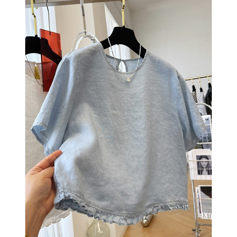 P0239高端亚麻圆领短袖衬衫女夏季法式气质小衫超好看木耳边短款