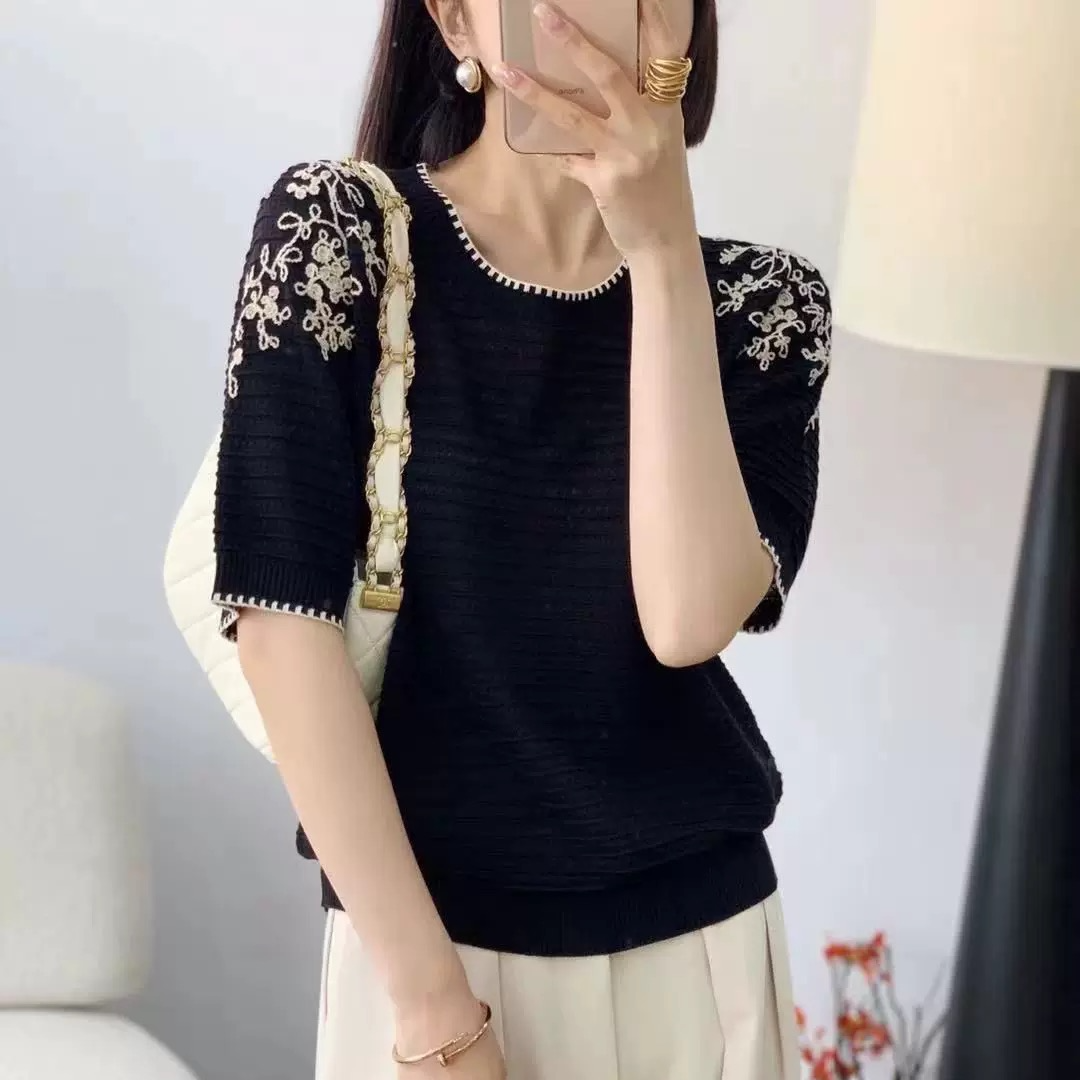 【例畔精选】2025新款重工花朵盘花刺绣包边撞色镂空针织衫S840#