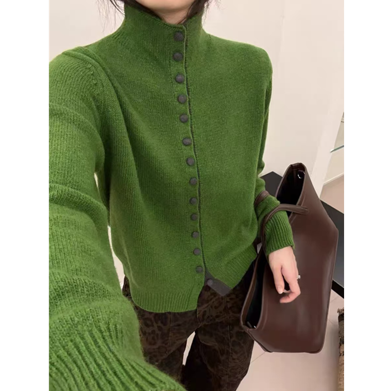 秋冬新款百搭简约针织开衫女撞色排扣毛衣外套