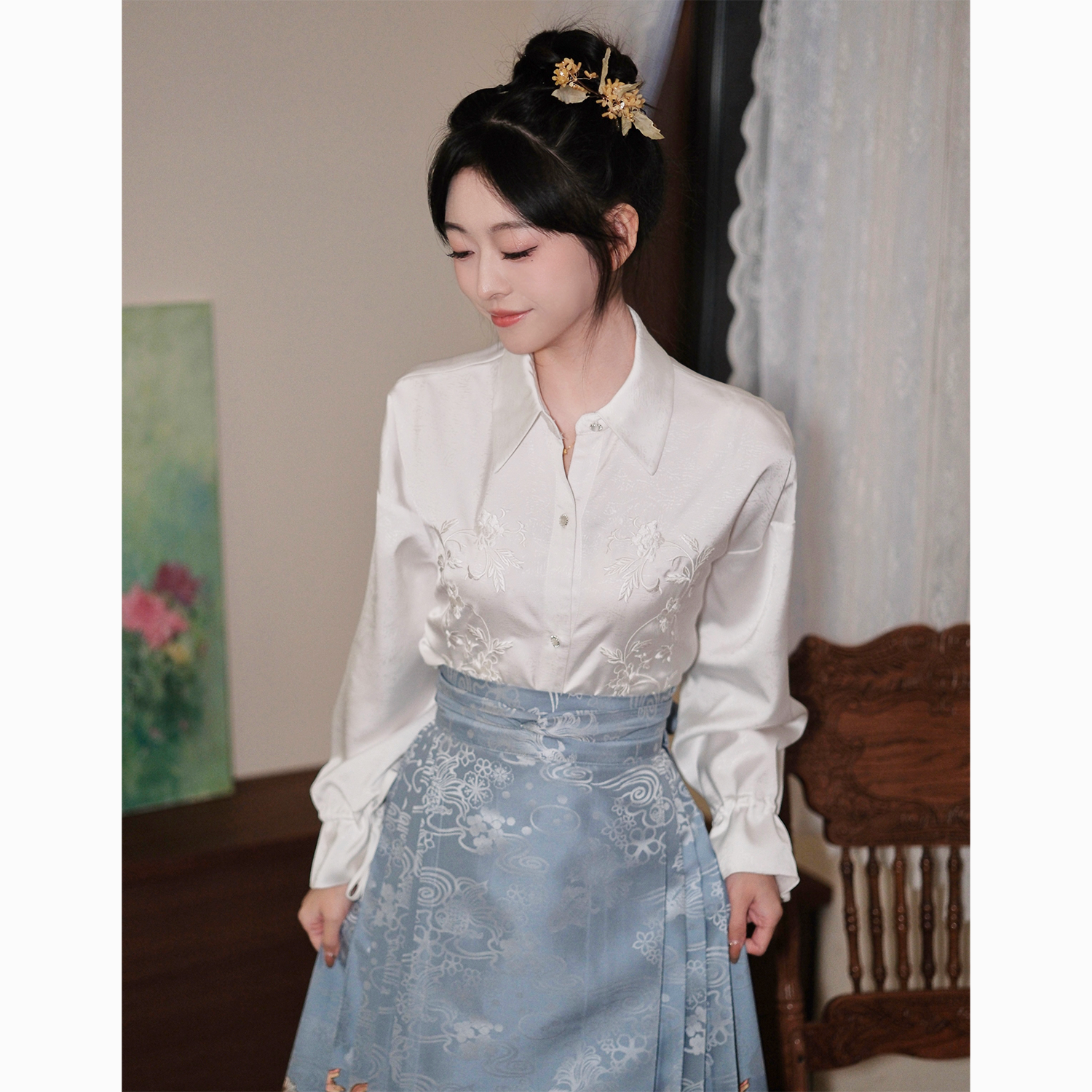 汉服日常-【落英刺绣衬衣】原创刺绣衬衫日常百搭秋冬新品衬衣