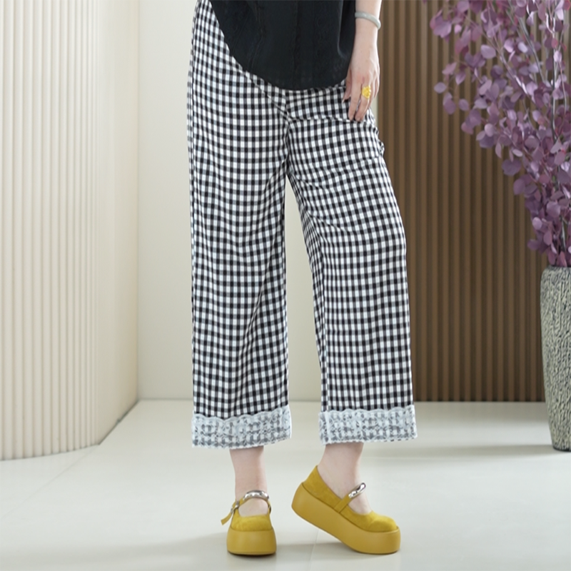 软蕾丝拼接色织直筒格子裤弹力大码双纱泡泡格夏季九分休闲裤子女