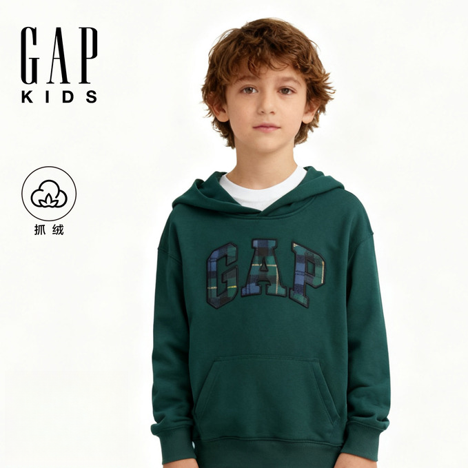 男童2025冬季新款贴布绣logo抓绒连帽卫衣上衣美版846225