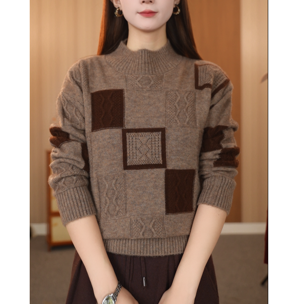 【主播身上同款半高领】厚秋冬新款气质拼色针织衫套头宽松毛衣女