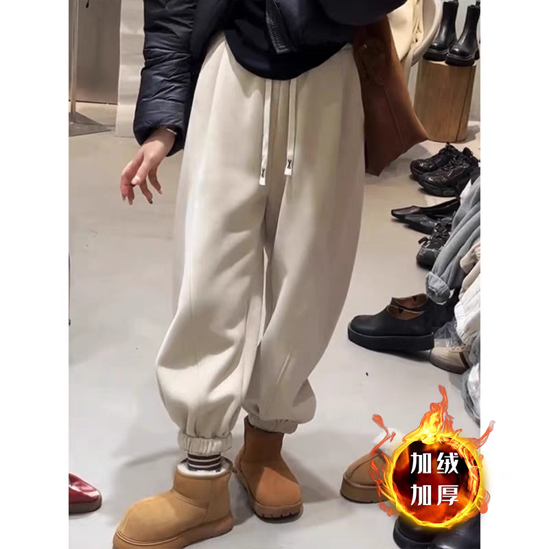 欧货宽松束脚卫裤女2025秋冬新款纯色百搭松紧腰加绒运动休闲裤子