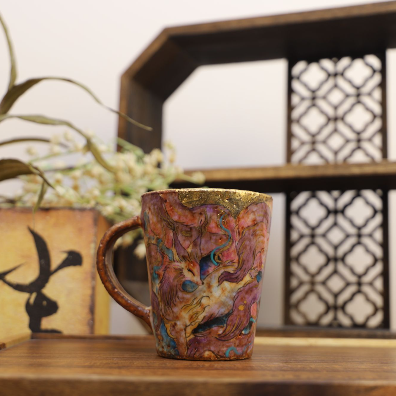 九觉堂粗陶手绘紫九尾咖啡杯