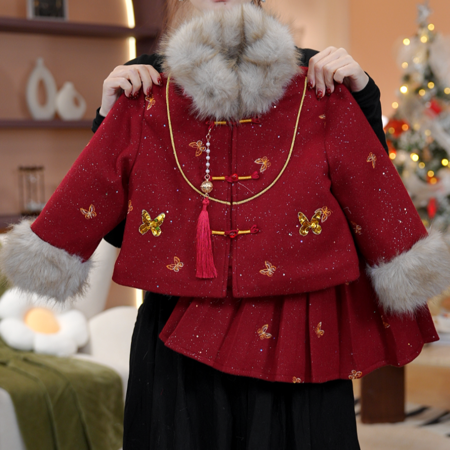 【除夕】女童秋冬长袖裙子加绒加厚国风女孩呢子新中式套装DS20098