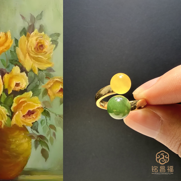 铭昌福【宠粉福利】天然和田玉蜜蜡双珠戒指（碧玉无黑无暇）4324-13