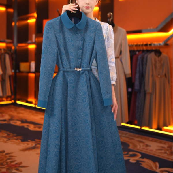 【赫尔温】原创设计款云山蓝时尚收腰显瘦连衣裙DHZZR53007