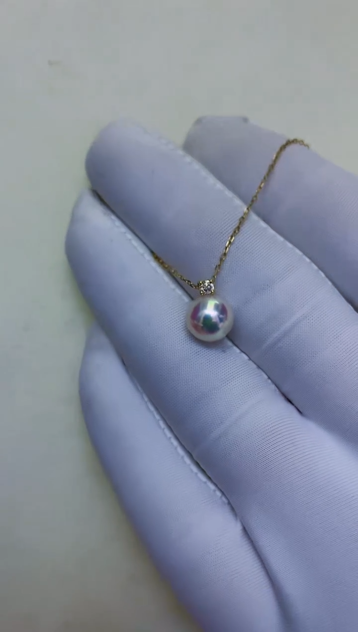 18K金镶嵌海水珍珠饰品7-8钻石王妃吊坠赠银链