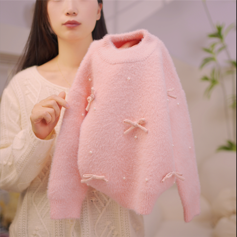 女童毛衣2024冬季新款仿水貂绒纯色针织打底衫圆领洋气韩版上衣