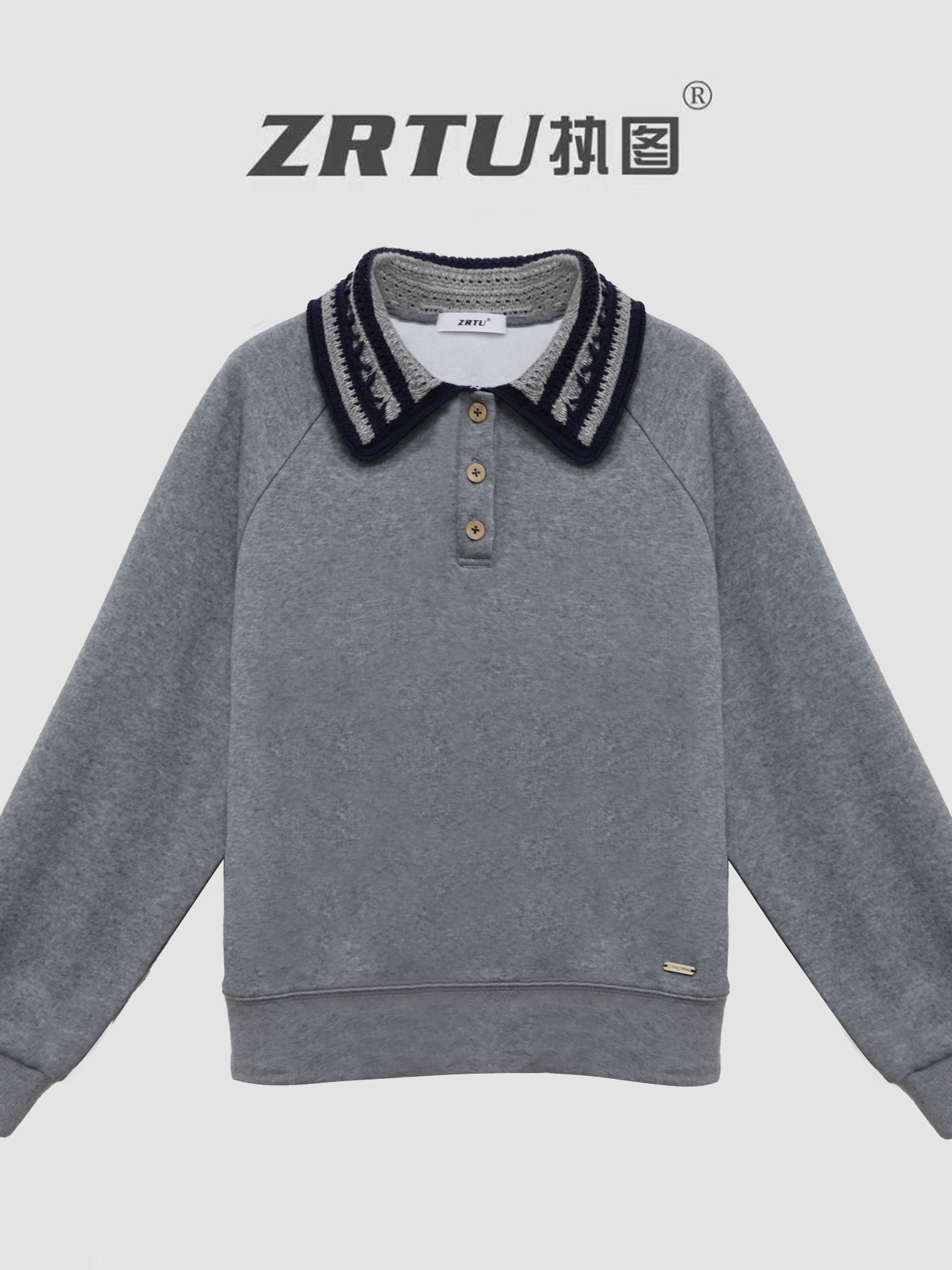 冬季针织拼接翻领加绒卫衣女复古纽扣设计宽松长袖上衣