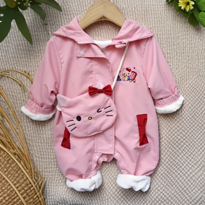 新款秋冬季加绒KT猫爬服卡通哈衣女宝宝拉链连帽可爱女公主外套