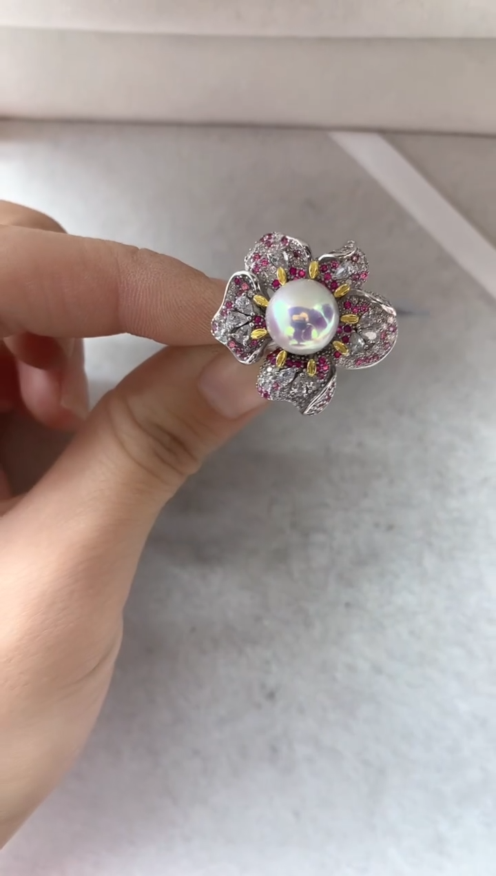 银S925镶嵌戒指淡水珍珠戒指