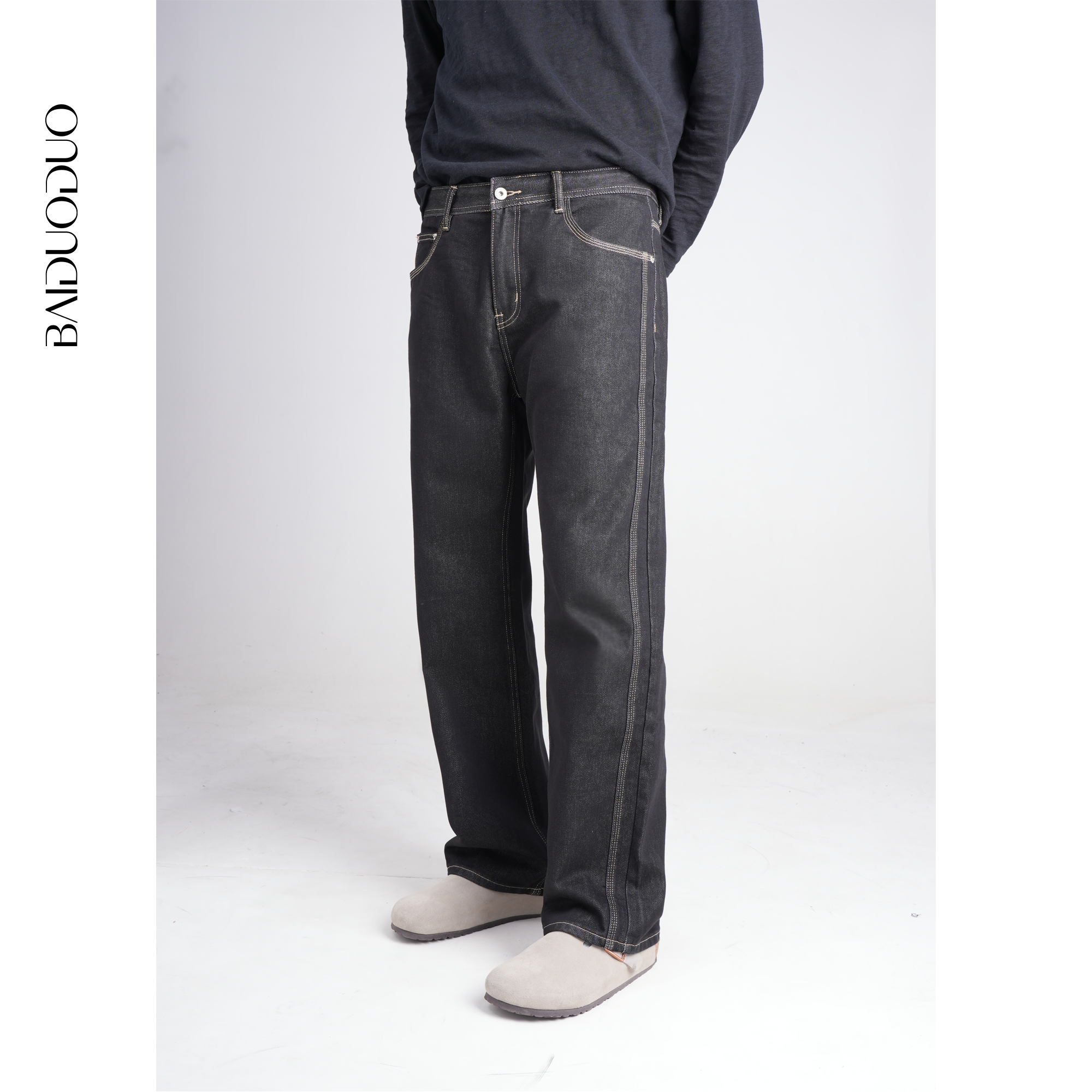 【白多多】秋冬加绒直筒黑色原牛牛仔裤男复古老钱风休闲百搭高级感