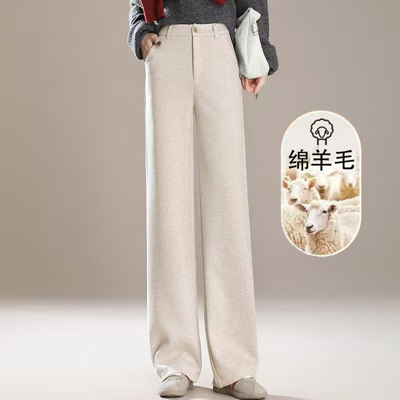 803-3# 羊毛呢阔腿裤女冬季新款人字纹垂感加长宽松窄版直筒裤