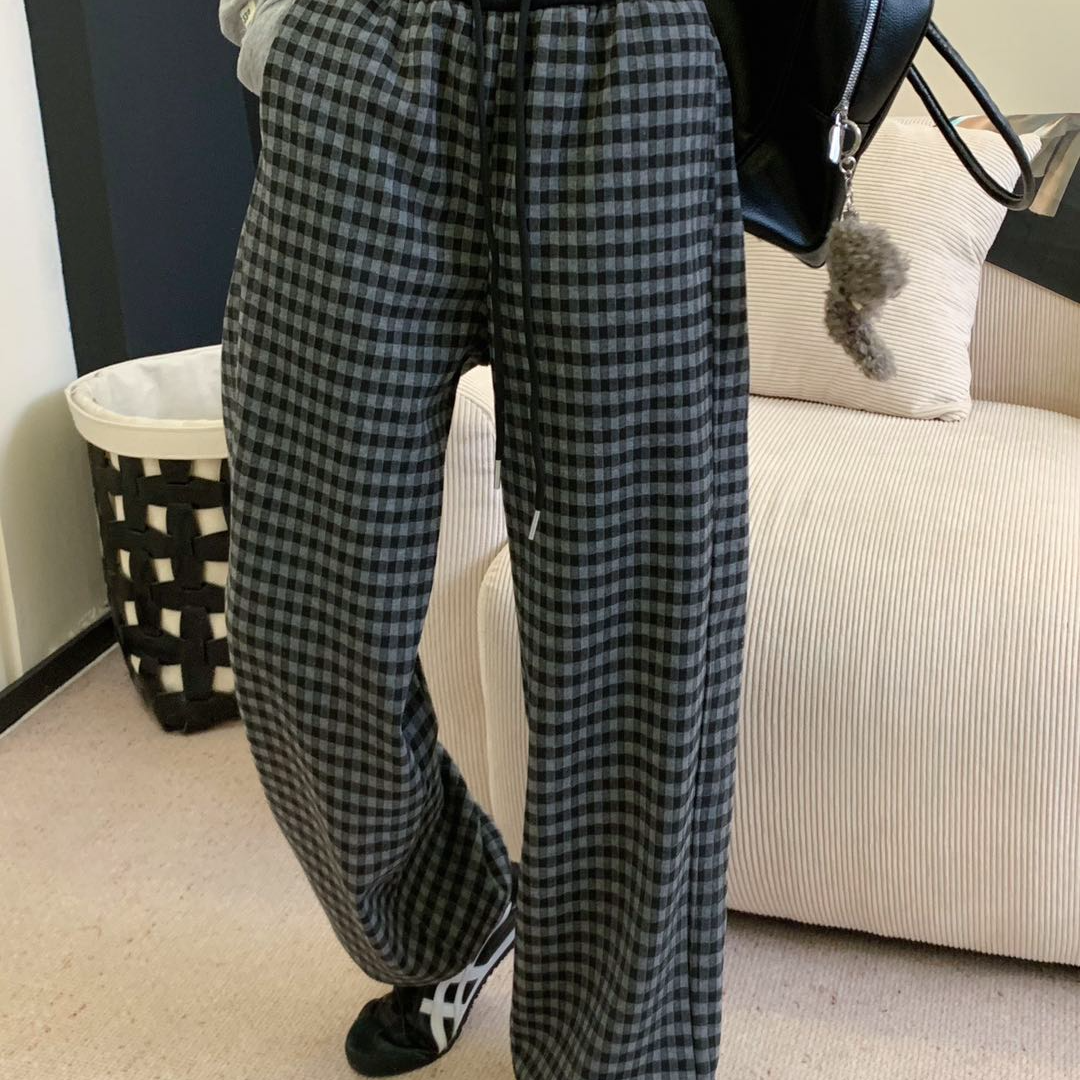 高腰长裤阔腿裤格纹印染休闲裤加绒加厚款冬季厚款