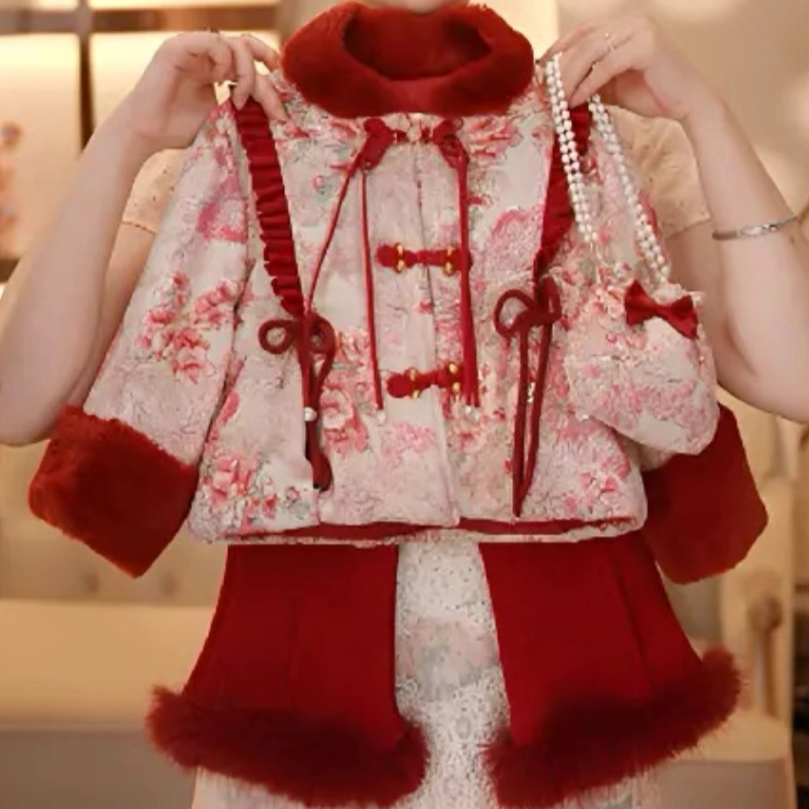 1638女童秋冬加绒红色套装中国风甜美时尚外套长裤公主新中式年服