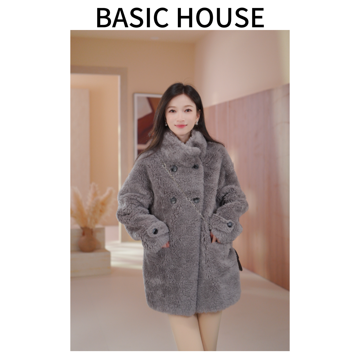 Basic House/百家好新款100羊毛冬季外套高端百搭短款大衣女C