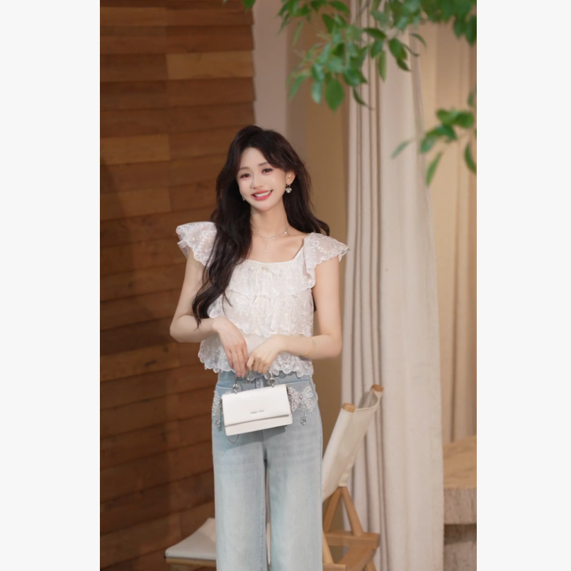 ANNELILY【安梓】安琪琪夏季百搭荷叶边设计蕾丝方领上衣AC2505078