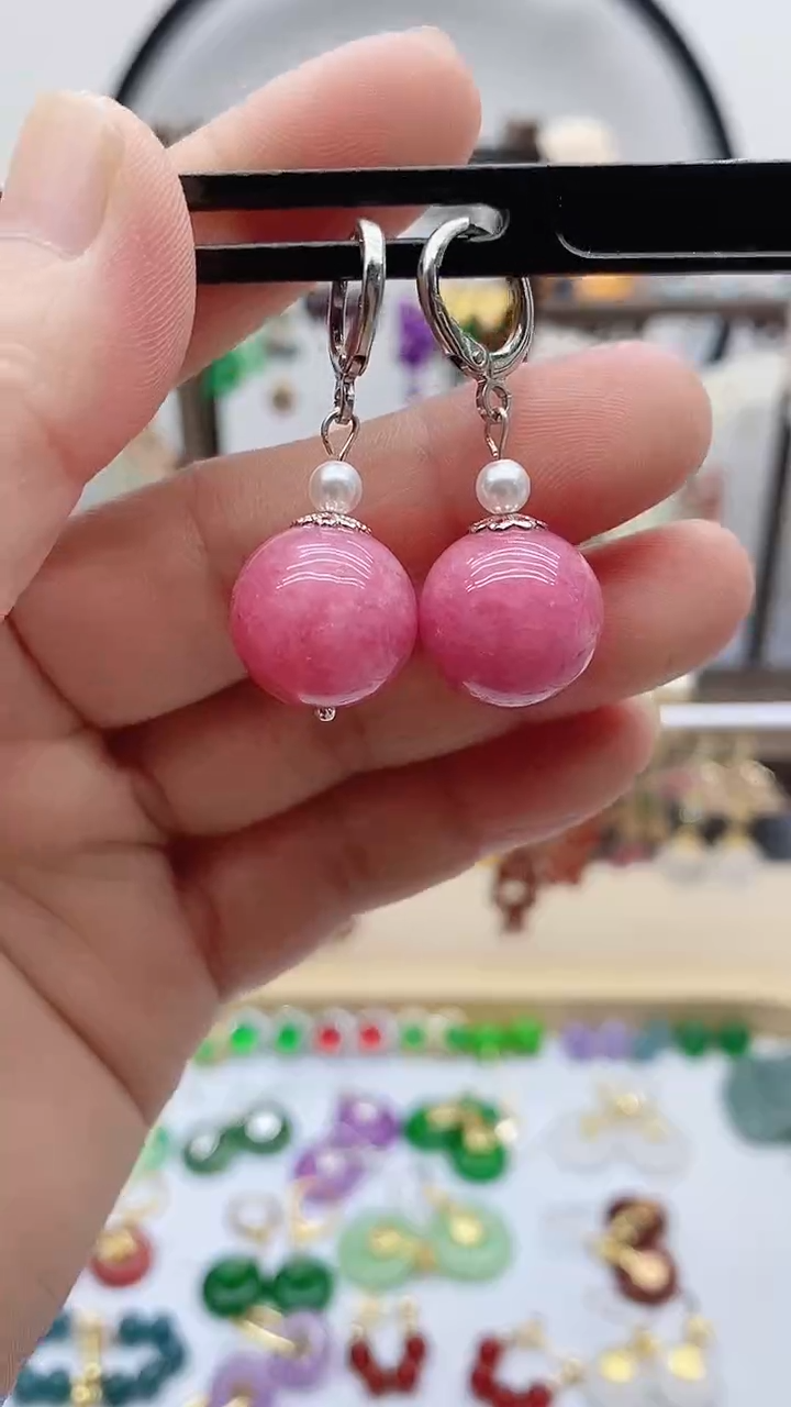 银S925镶嵌菱锰矿（红纹石）耳饰175