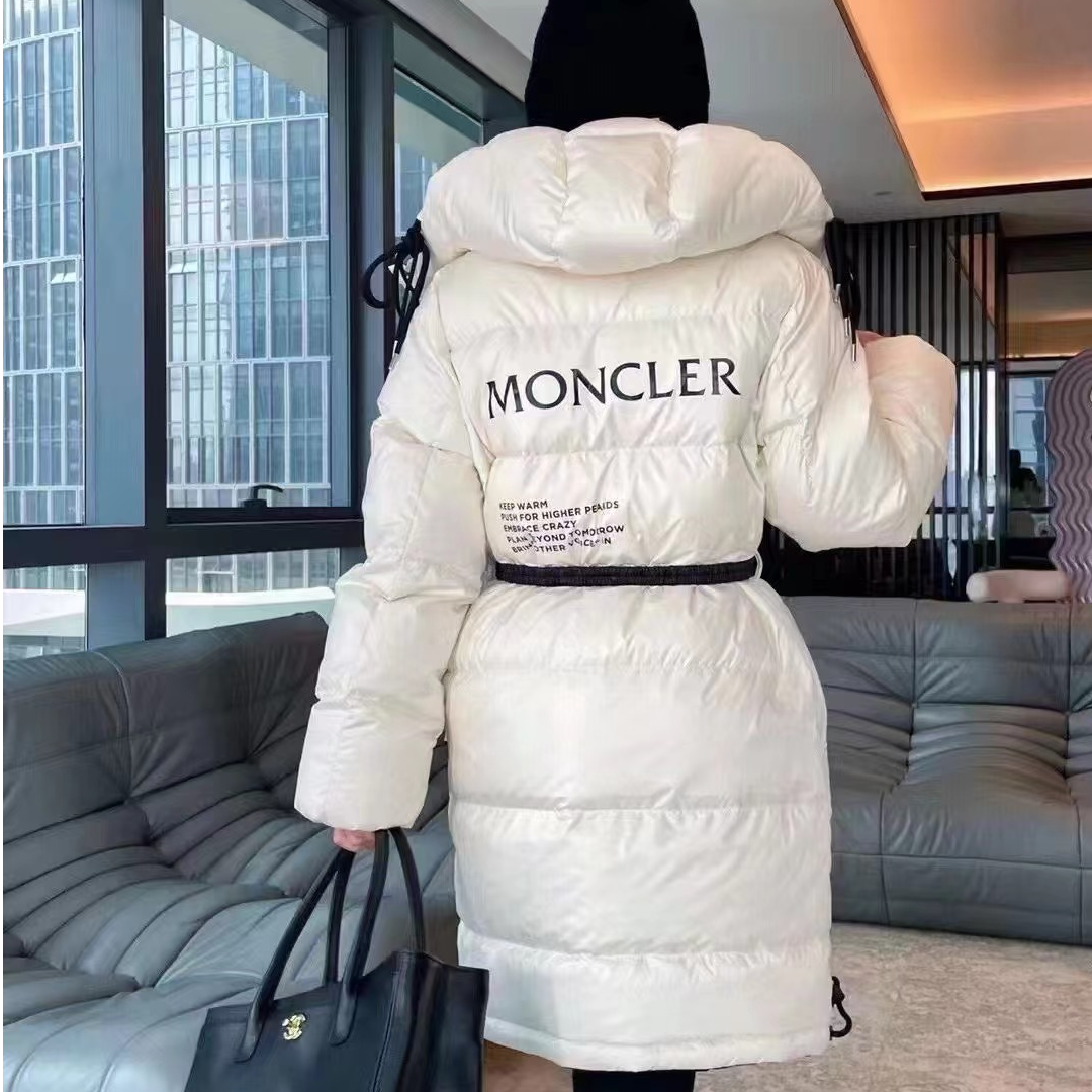 99新 MONCLER  1码 米白色拼黑色 长袖 长款 连帽 羽绒服