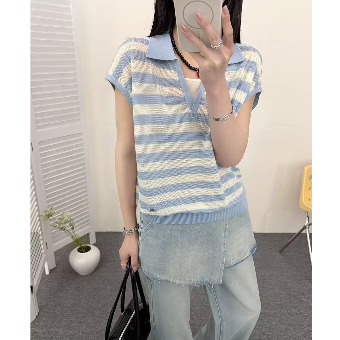 莱赛尔纤维~~【线下同款】-高定版！假两件条纹短袖女针织衫B807