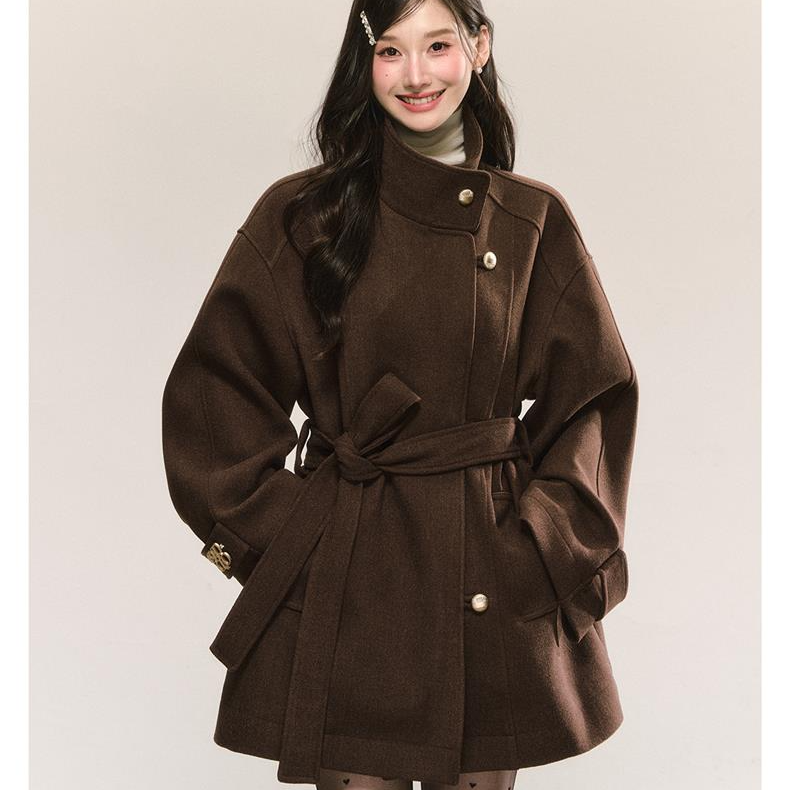 炽铂 复古高级感立领毛呢外套秋冬新款系带收腰显瘦气质棕色大衣