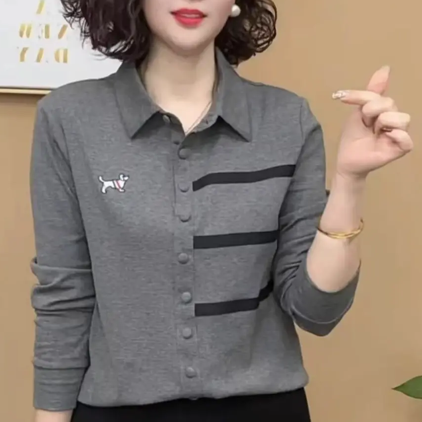 2025秋季新款时尚衬衫领T恤洋气百搭减龄宽松显瘦休闲女士长袖