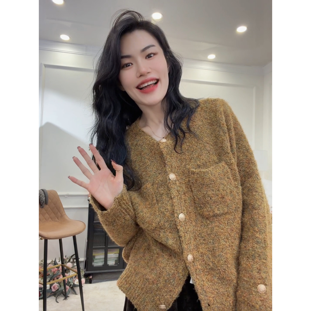 【幻彩】高端个性单排扣针织开衫女秋冬爆款加厚上衣慵懒风毛衣外套