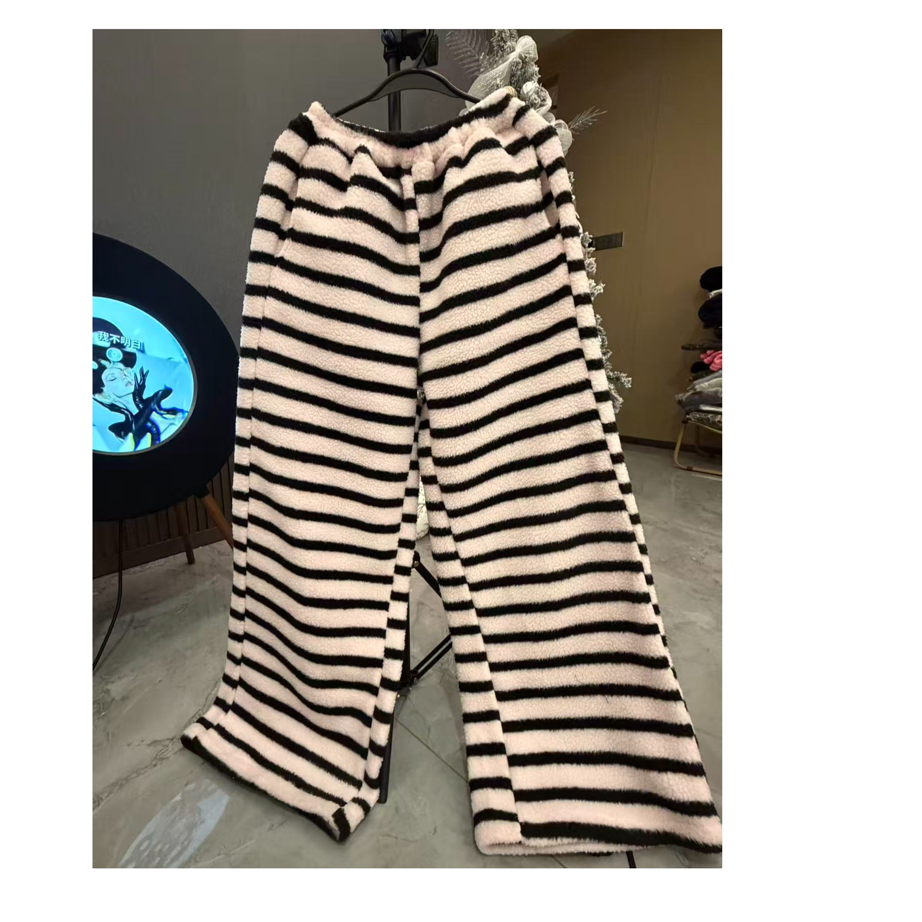 Dami  摇粒绒撞色条纹可调节裤脚宽松休闲裤松紧腰