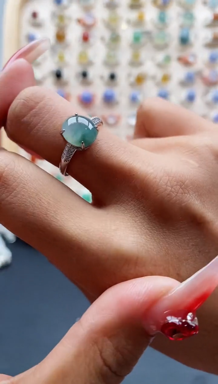 【闪购商品】翡翠戒指银S925镶嵌缅甸天然A货翡翠333 9+6