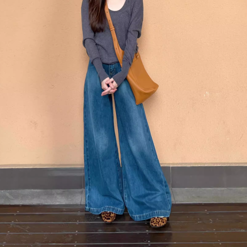 美式中高腰喇叭牛仔裤女春秋松弛感宽松垂感显瘦阔腿拖地长裤子