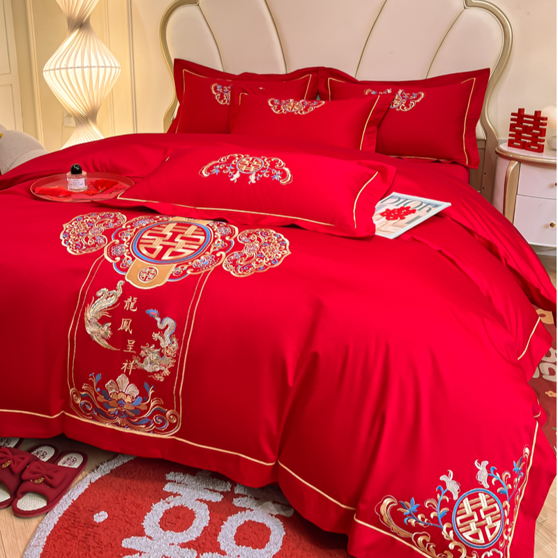 水星家纺结婚中式四件套全棉纯棉婚房大红色婚庆绣花喜庆婚被套件