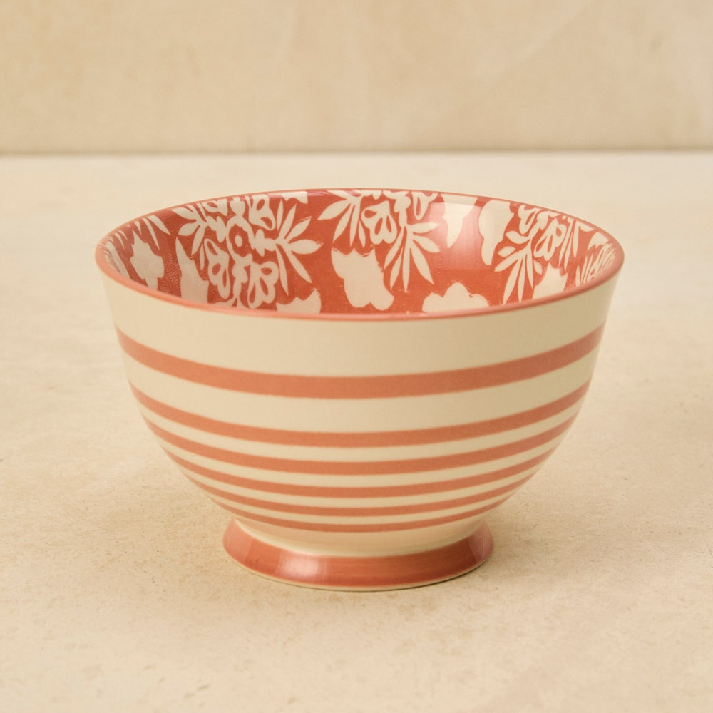 【SOUQ家】15.5*9CM 肉桂粉 条纹花卉面碗 料理碗沙拉碗 微瑕不售后