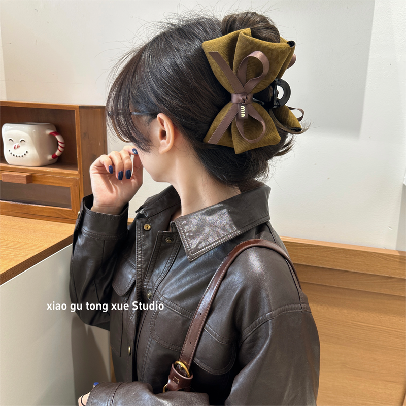 韩版蝴蝶结抓夹女高级感气质后脑勺姜黄色大号盘发夹头饰发饰