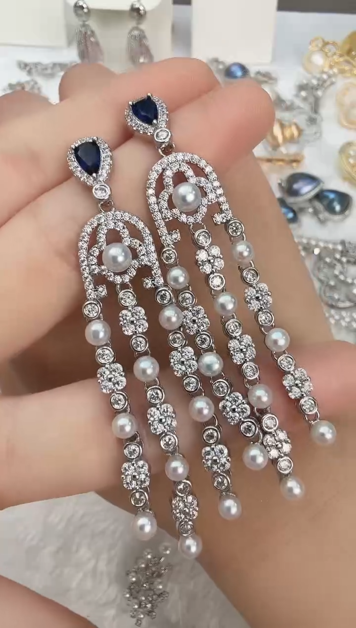 银S925镶嵌耳饰淡水珍珠流苏多珠