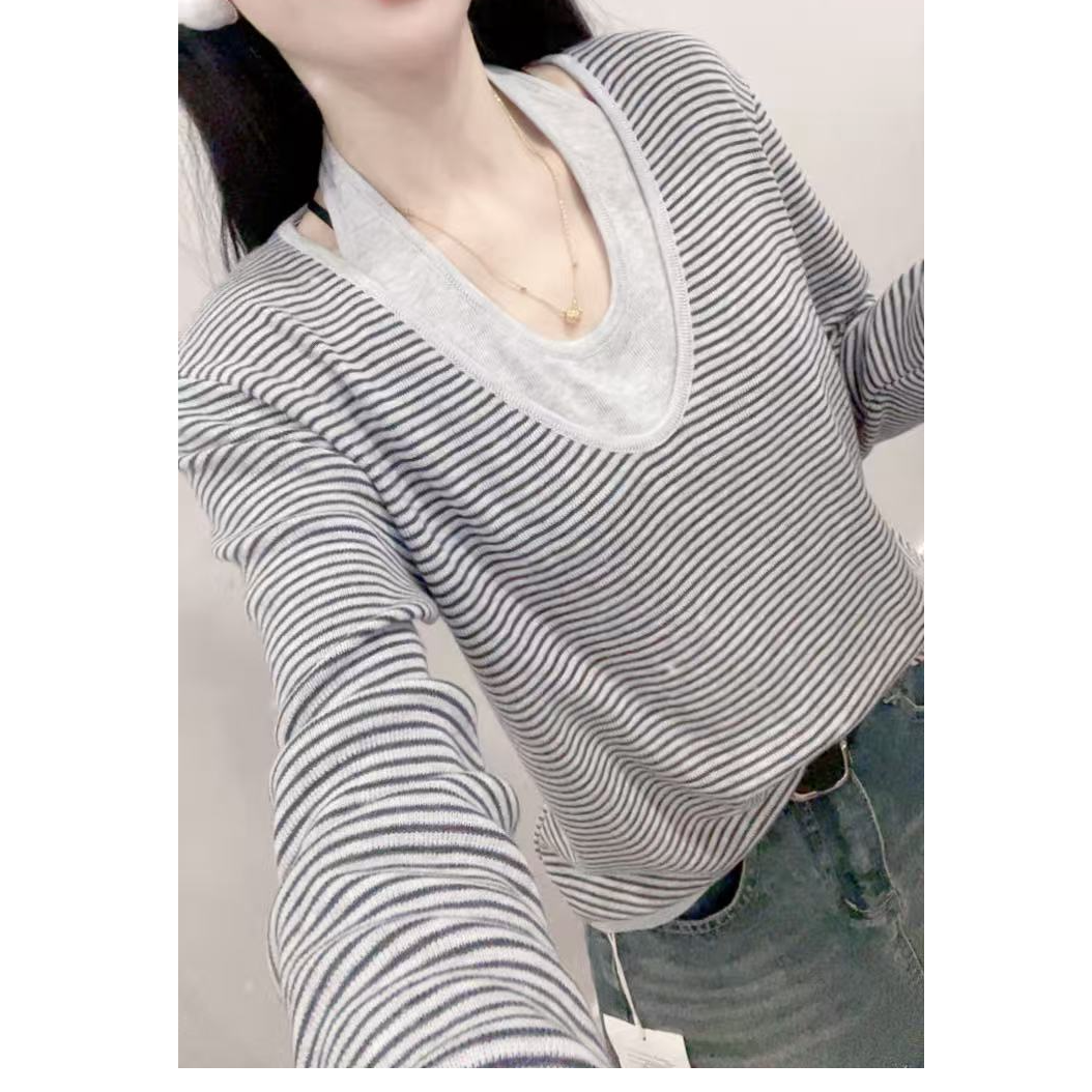 D02条纹修身毛针织衫圆领假两件打底衫长袖学院风针织衫
