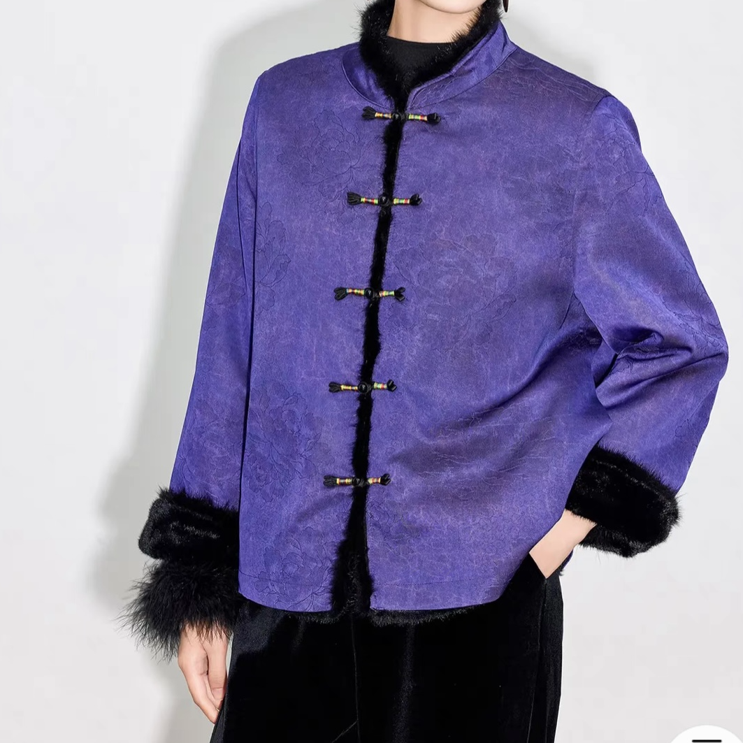 【墨薇】加棉加厚秋冬季气质棉外套新中式宽松双面双穿毛领上衣女款