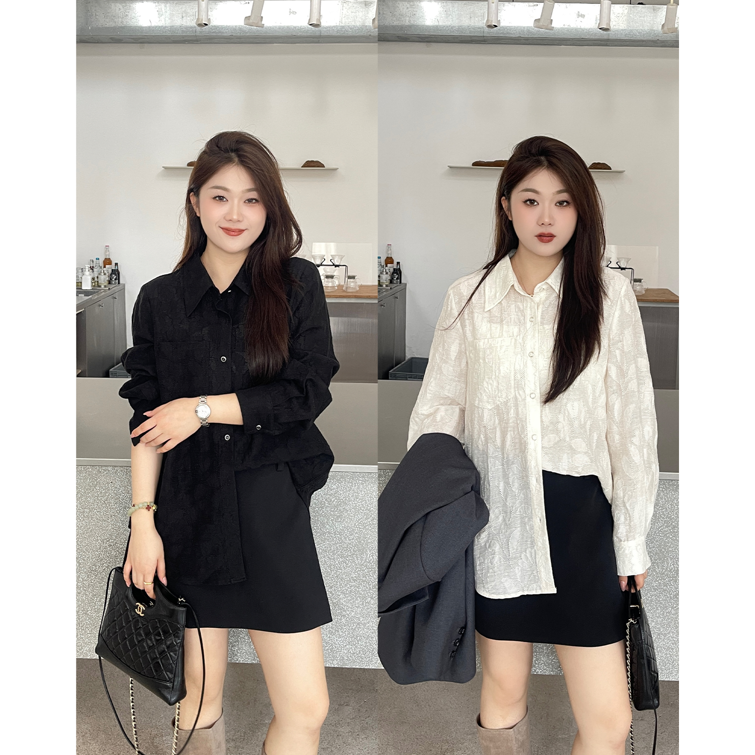 裂渡宣宣【轻舞月光】微胖大码女秋时尚肌理感金属扣衬衫ZY507A03
