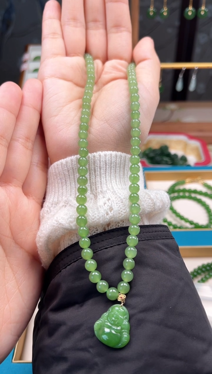 【闪购商品】和田玉（碧玉）项链未镶嵌6mm苹果绿佛公项链