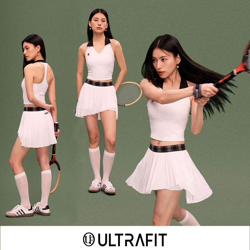 ULTRAFIT白黑网球运动上衣 白色肌理感格纹百褶短裙防滑底裤带兜