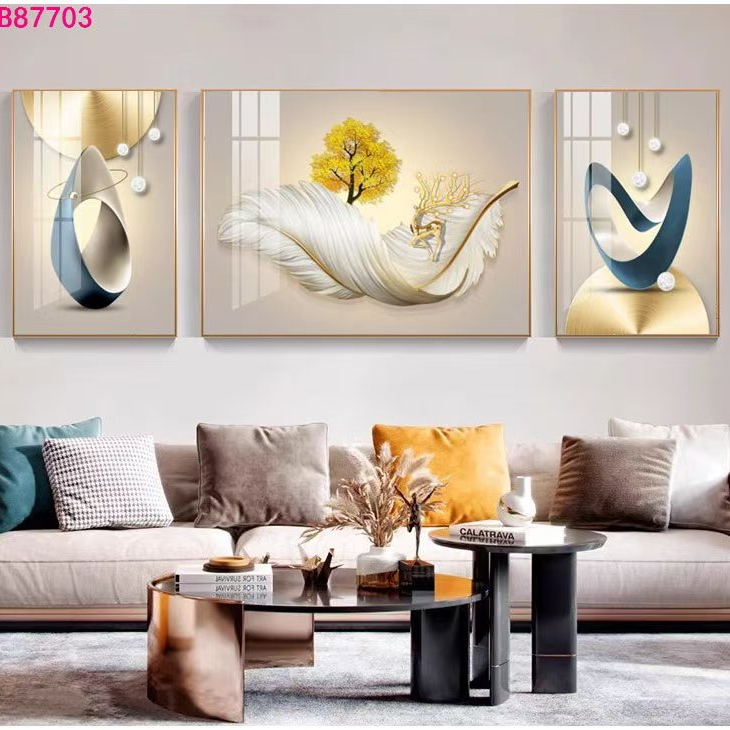 新款-羽毛现代简约客厅装饰画沙发背景墙晶瓷镶钻三联画