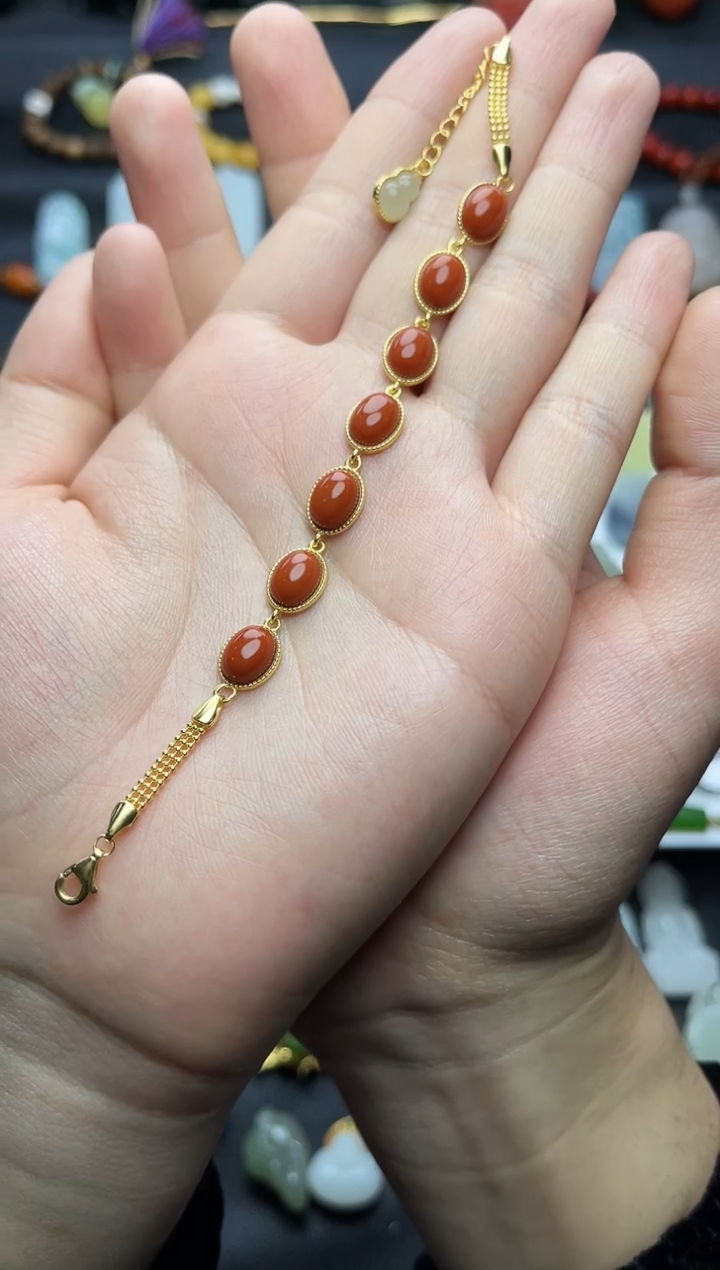 银S925镶嵌手链南红玛瑙蛋面手链06