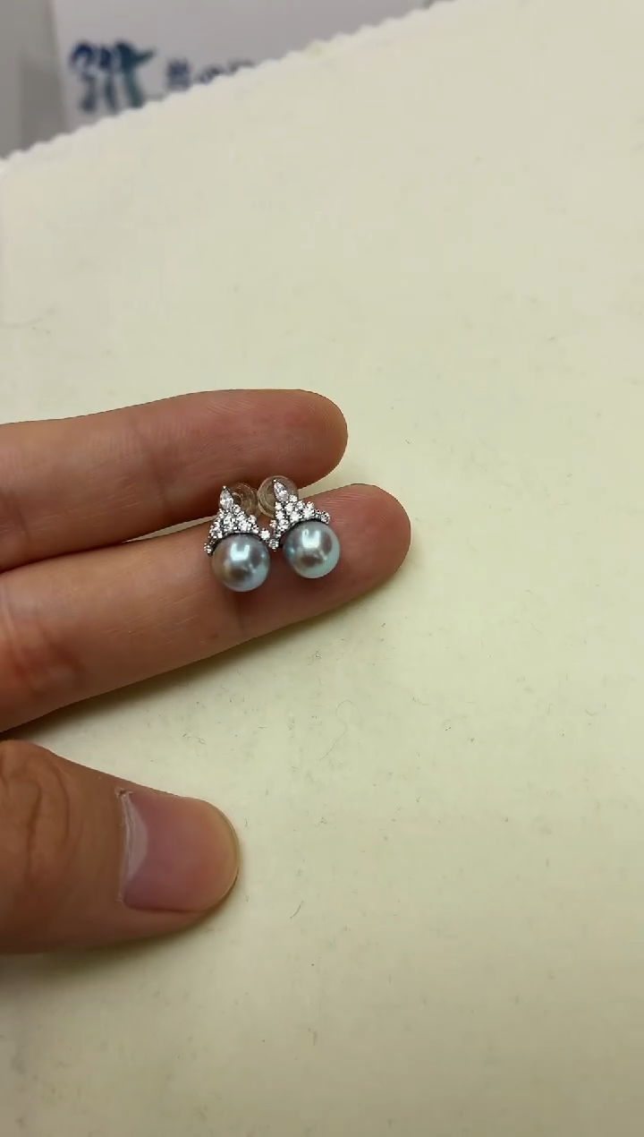 银S925镶嵌DA海水珍珠灰珠耳饰7-8 y921